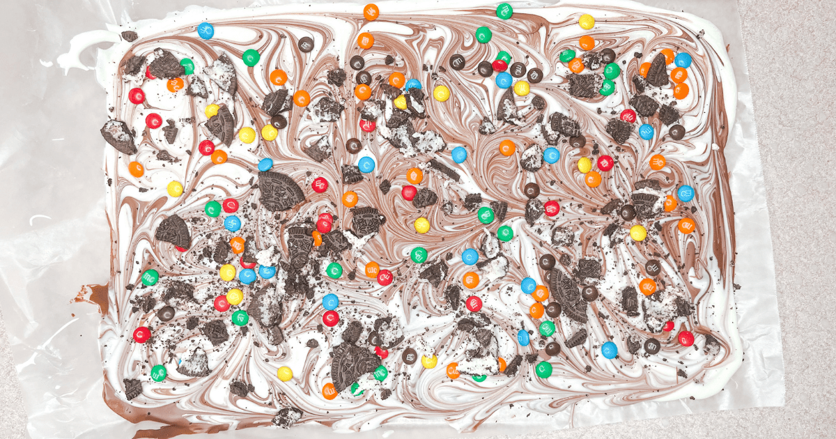 M&M Bark on Baking sheet